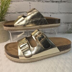 Womens South Beach Metallic Gold Double Buckle Slide Sandals Cork Sole Size 39